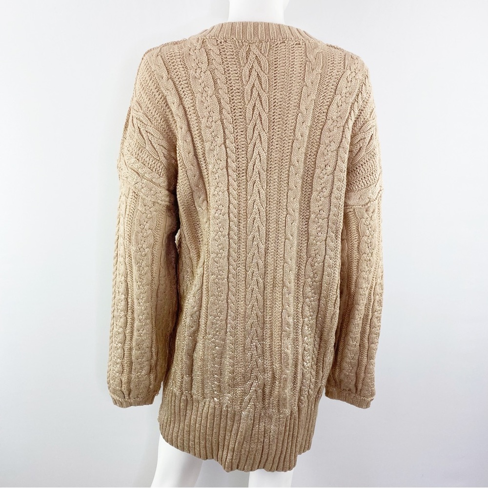 Free People Size M Beige Gold Coated Cable-knit Tunic Length Sweater - Picture 7 of 8